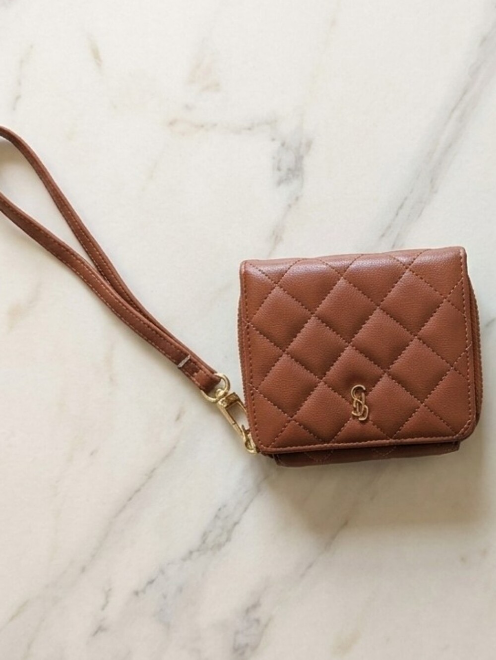 Steve Madden Quilted Wristlet Wallet in Cognac Brown with Gold Hardware